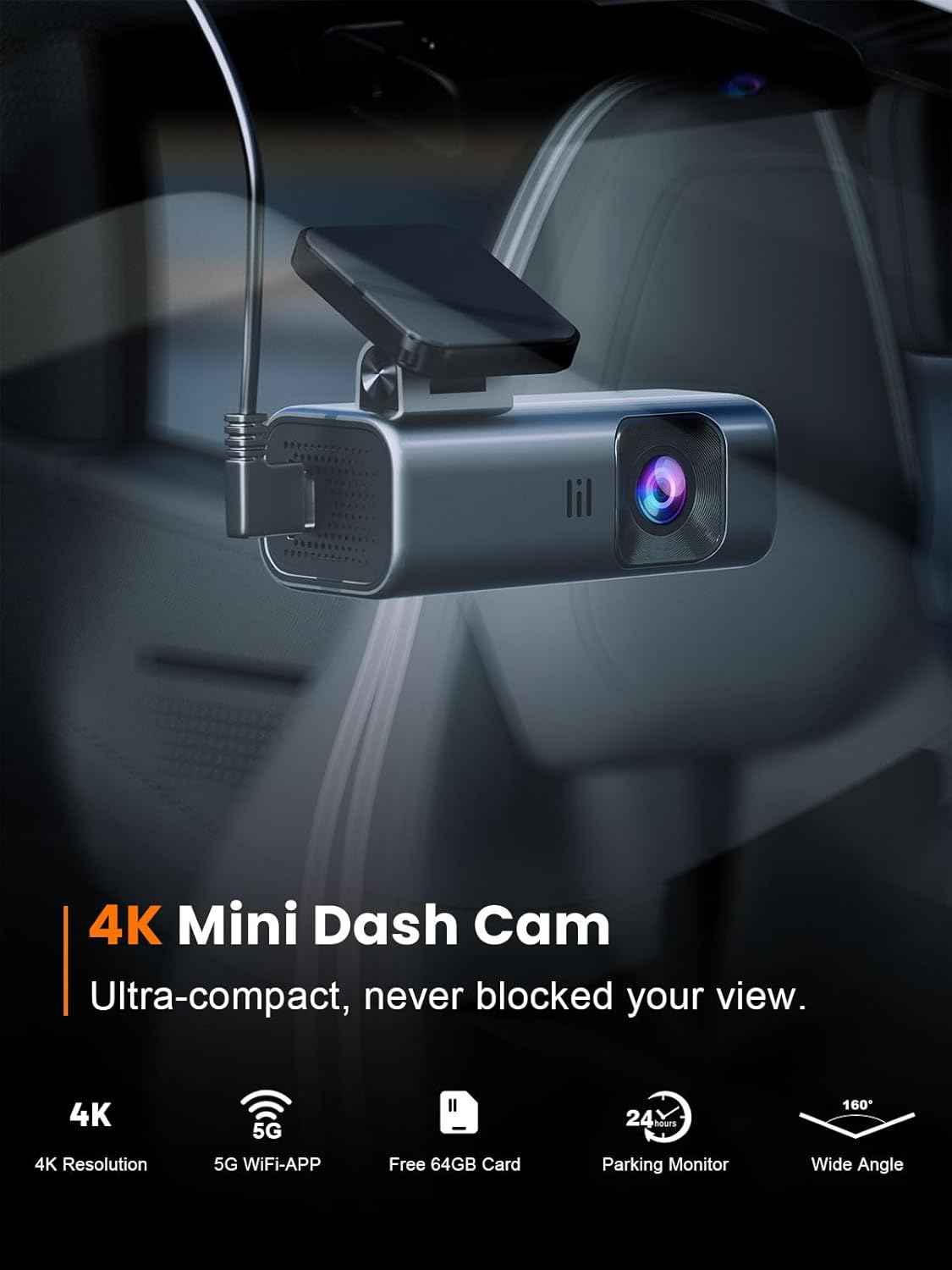 Galphi-Q2 4K Mini Dash Cam with 5G WiFi, 64GB Card, Super Night Vision, Loop Recording