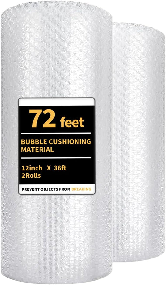Bubble Cushioning Wrap 2 Pack 12 Inch x 72 ft Bubble Wrap for Packing，Moving Boxes and Shipping for Your Business，Perforated Every 12 in.Suitable for Filling Packaging Boxes.