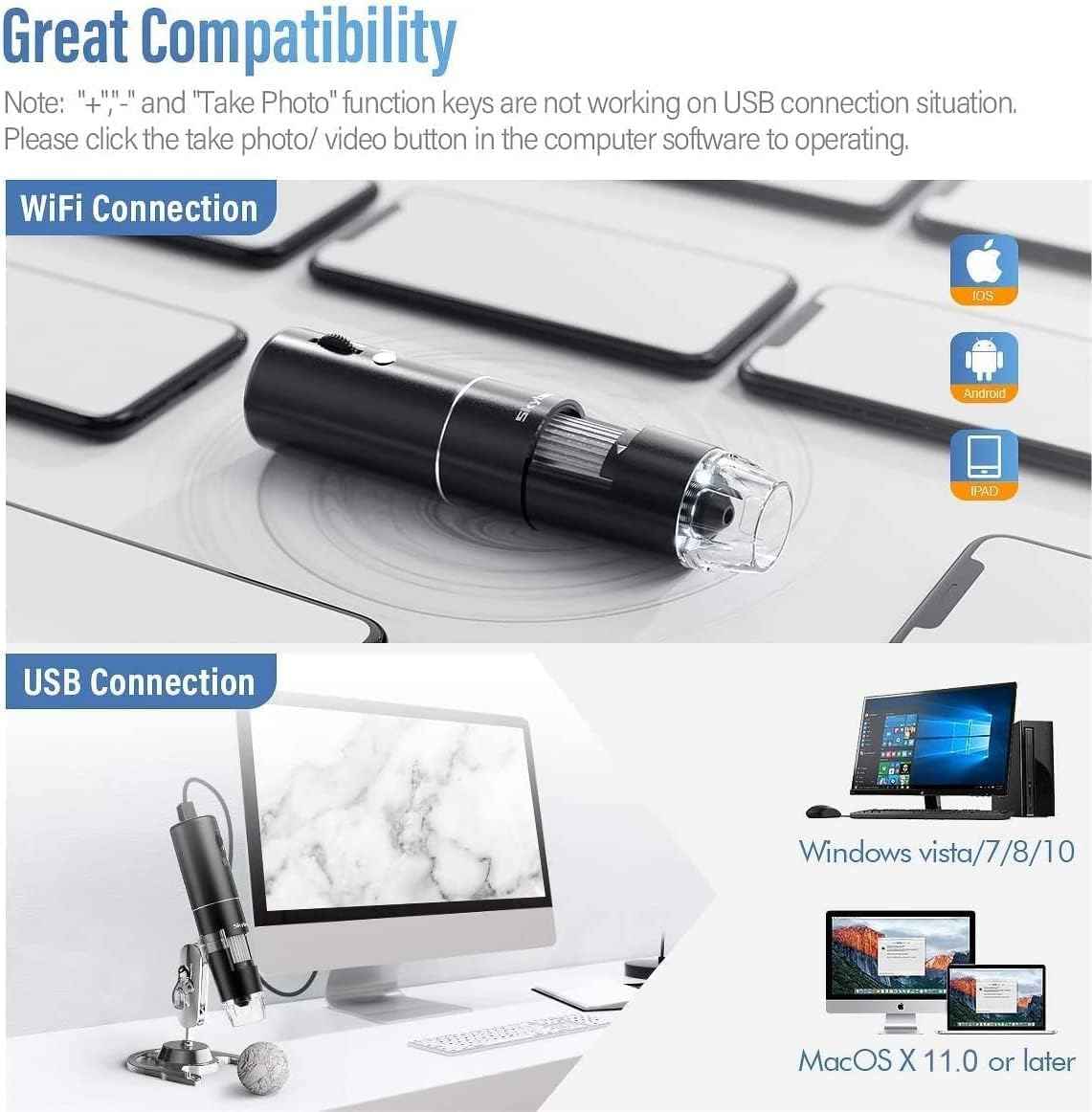 Skybasic 50X-1000X magnification wireless digital microscope with adjustable stand and HD USB camera