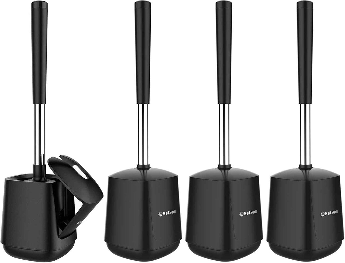 SetSail Toilet Brush and Holder, Self Closing Lid Toilet Bowl Brushes Holder and Extra Long Handle Ventilated Toilet Brush Set for Bathroom Cleaning, Nylon Bristles, Black