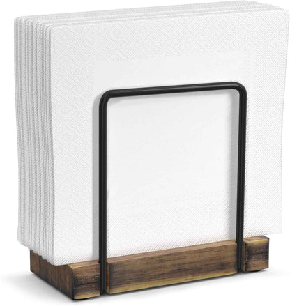 Wican Napkin Holder for Table, Bamboo Iron Standing Napkin Dispenser for Kitchen Dining Farmhouse Cocktail Picnic Bar Rustic Wood Holders for Paper Mail Bills Suitable for All Dining Room Decors Black