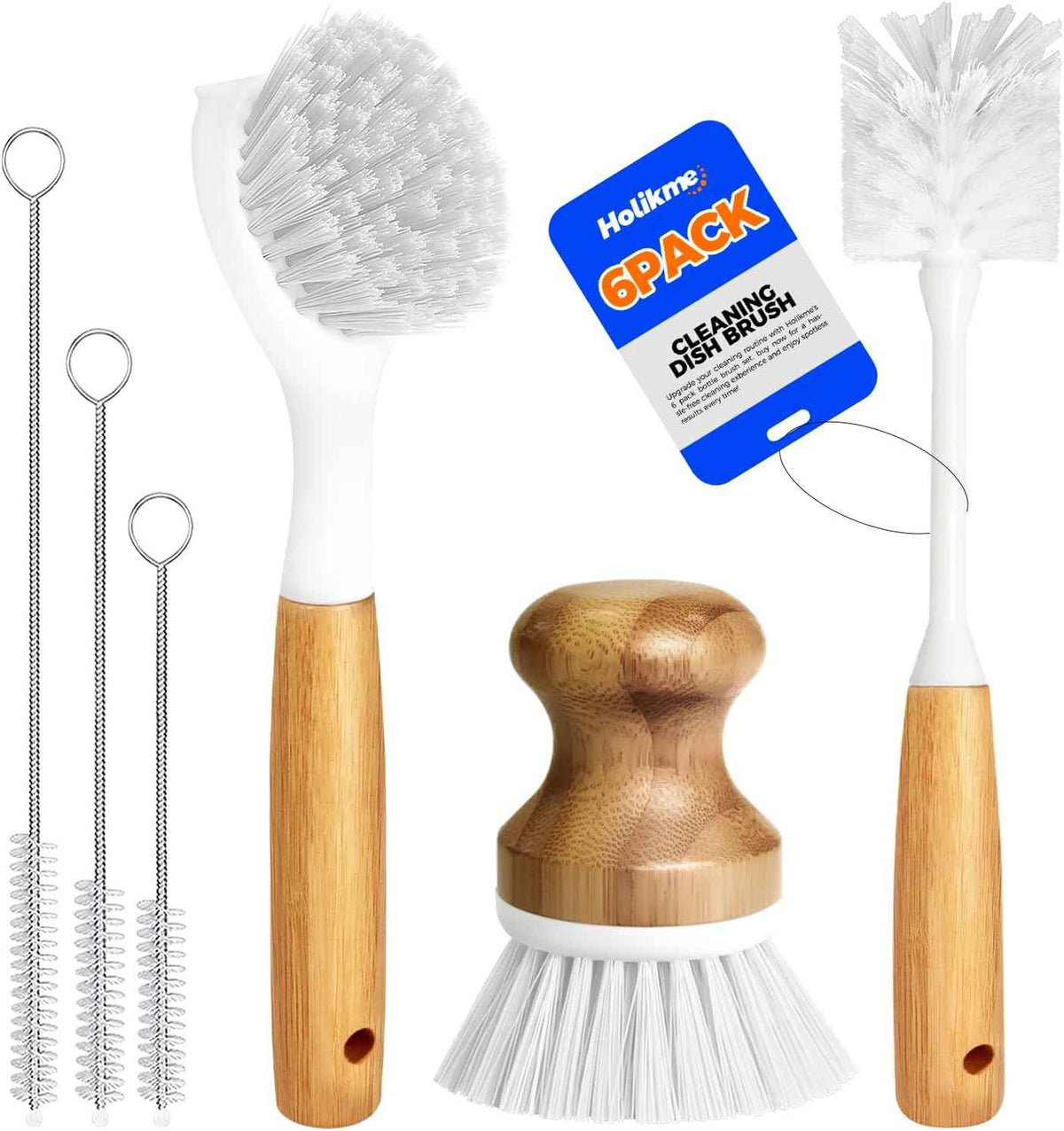 Holikme 6 Pack Dish Brush Kitchen Brushes Set with Vegetable Palm Brush, Bottle Brush, Dish Brush and Straw Brush, Fruit Cleaning Brushes for Cleaning Potato Skillet Wok Pot Pan Cast Iron, Yellow