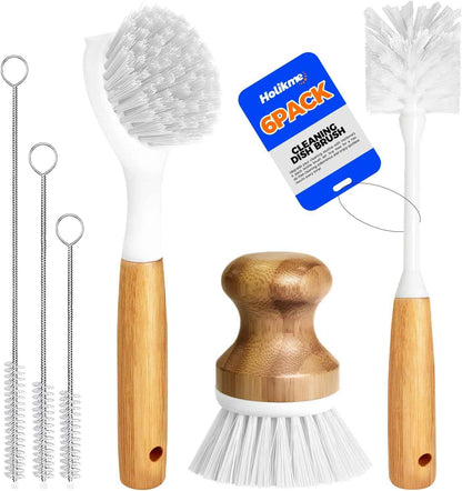 Holikme 6 Pack Dish Brush Kitchen Brushes Set with Vegetable Palm Brush, Bottle Brush, Dish Brush and Straw Brush, Fruit Cleaning Brushes for Cleaning Potato Skillet Wok Pot Pan Cast Iron, Yellow