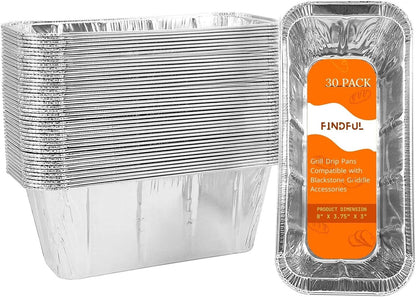Findful 30-Pack Drip Pans Liners for Blackstone Griddle Accessories, Aluminum Foil Pan Disposable for 17" 22" 28" 36" Blackstone Griddle Drip Tray Holder Grill Rear Grease Catcher Cup
