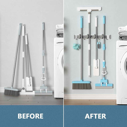 Holikme Metal Mop Broom Holder with 4 Hooks for Home and Kitchen Organization Storage