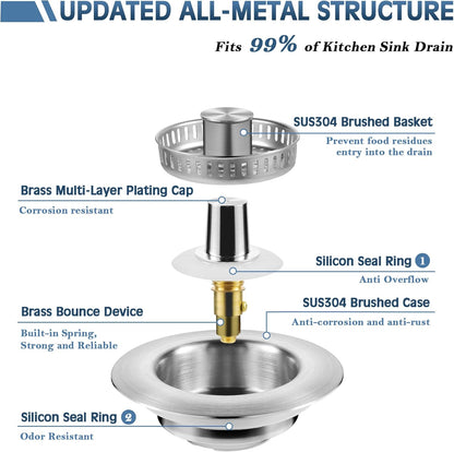 Kitchen Sink Drain Strainer 3 in 1, 304 Stainless Steel Pop Up Sink Stopper, Anti-Clogging Sink Drain Strainer for US Standard Kitchen Drain (SUS304 Brushed)
