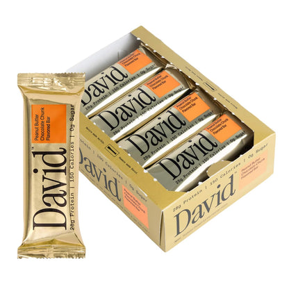 David High Protein Bars - 0g of Sugar, Low Carb, Gluten Free - 28g of Protein, 150 Calories - On-The-Go Snack - Peanut Butter Chocolate Chunk Flavor, Pack of 12