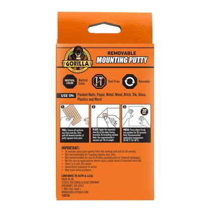 Gorilla Mounting Putty, Natural Tan Color, 168 Pre-Cut Squares (Pack of 1) - Non-Toxic Removable & Repositionable Wall Putty