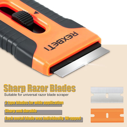 REXBETI Razor Blade Scraper Tool, 2 Pack Razor Scraper Set with Extra 80Pcs Razor Blades -30Pcs Metal and 50Pcs Plastic Blades, Cleaning Scraper Tool, Cooktop, Paint, Glass Scraper