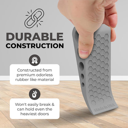 Door Stoppers for Bottom of Door Premium Floor Rubber Door Stop Wedge Made in USA Heavy Duty Honeycomb Design for Carpet, Tile, Ideal for Home, School, Commercial, Gray 2-Pack