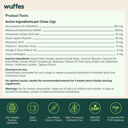 Wuffes Advanced Dog Hip and Joint Supplement with Glucosamine, Chondroitin, Omega 3, MSM, and Green Lipped Mussel, 60 Pork Flavored Chews for Small and Medium Dog Breeds