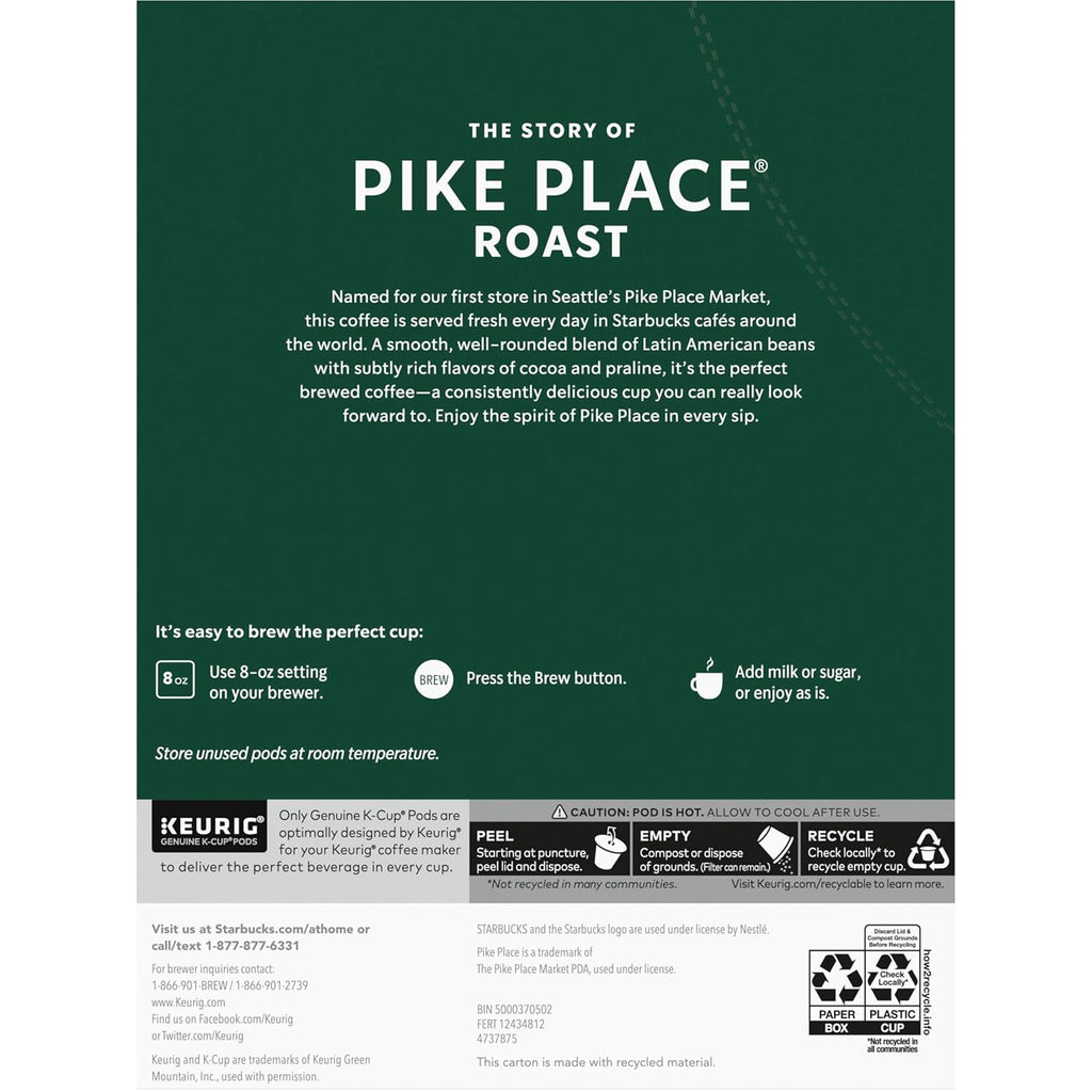 Starbucks K-Cup Coffee Pods, Medium Roast Hot or Iced Coffee, Pike Place Roast, 96 Keurig Pods