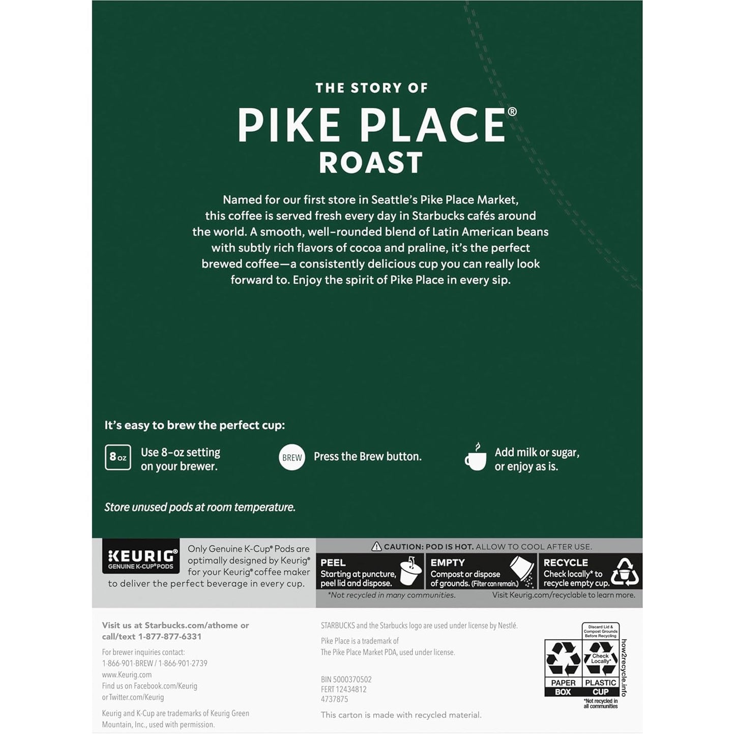 Starbucks K-Cup Coffee Pods, Medium Roast Hot or Iced Coffee, Pike Place Roast, 96 Keurig Pods