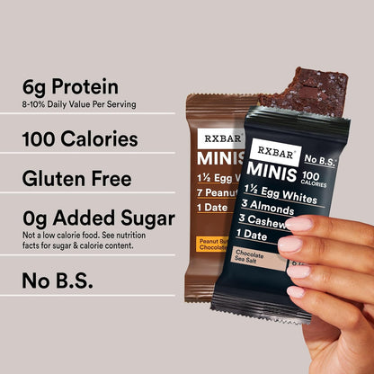 rxbar mini protein bars, 7.3oz box, 8 count, variety pack, peanut butter chocolate and chocolate sea salt