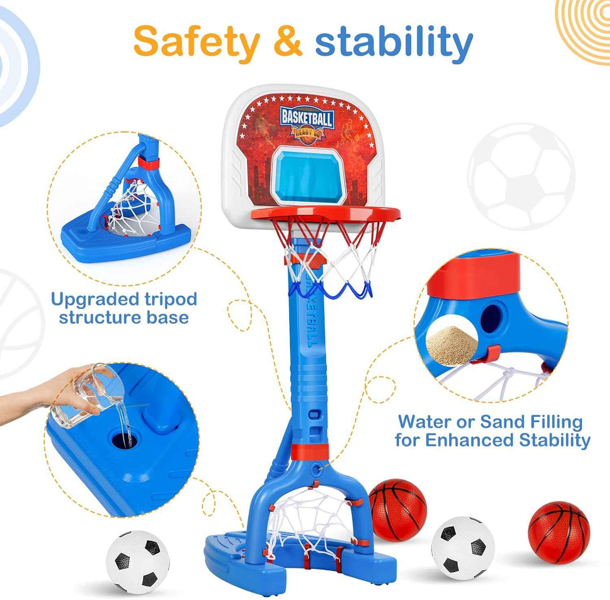 flmaqe toddler adjustable mini kids basketball hoop with 4 balls & ball pumps for indoor outdoor pool