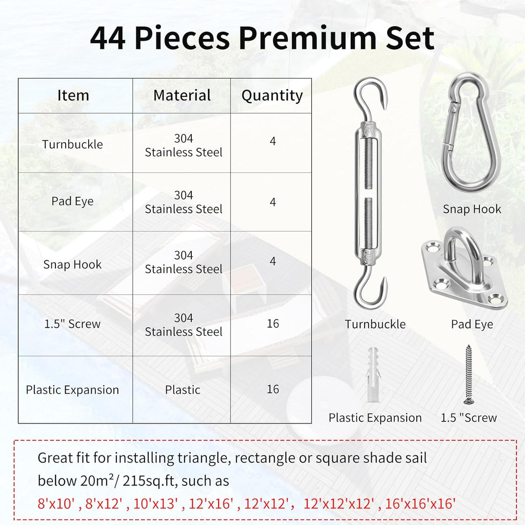 Sun Shade Sail Hardware Kit 6 Inch for Rectangle & Triangle Shade Sail Install, Stainless Steel Shade Sail Fixing Accessories for Outdoor Patio Canopy Garden, Heavy Duty Awning Attachment Set (44 Pcs)