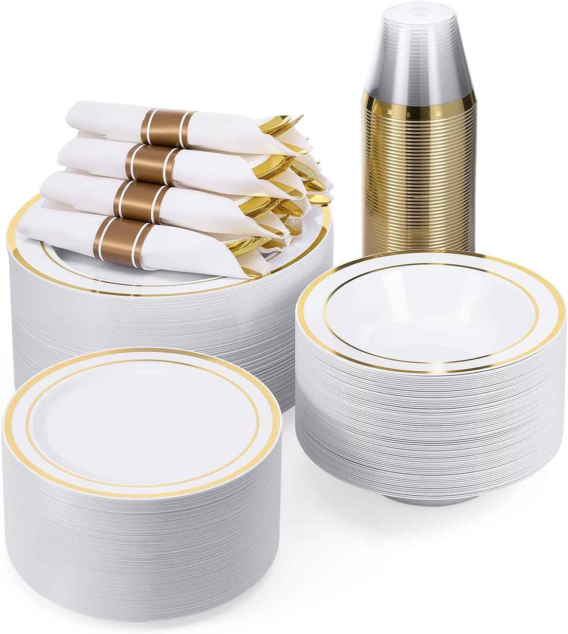 BESTVIP 700PCS Gold Plastic Dinnerware Set for 100 Guests, Disposable Plates for Party, Include: 200 Plastic Plates, 100 Pre Rolled Napkins with Gold Silverware, 100 Cups for Christmas, Halloween