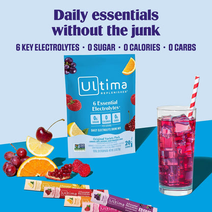 Ultima Replenisher Daily Electrolyte Powder – Original Variety Pack, 20 Stickpacks – Zero Sugar Hydration Packets with 6 Electrolytes and Minerals – Sugar Free, Plant Based & Keto Friendly Drink Mix