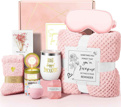 Valentines Day Gifts for Her Women Daughter Girlfriend Wife, Happy Birthday Luxury Spa Gift Set with Flannel Blanket and Stainless Steel Tumbler
