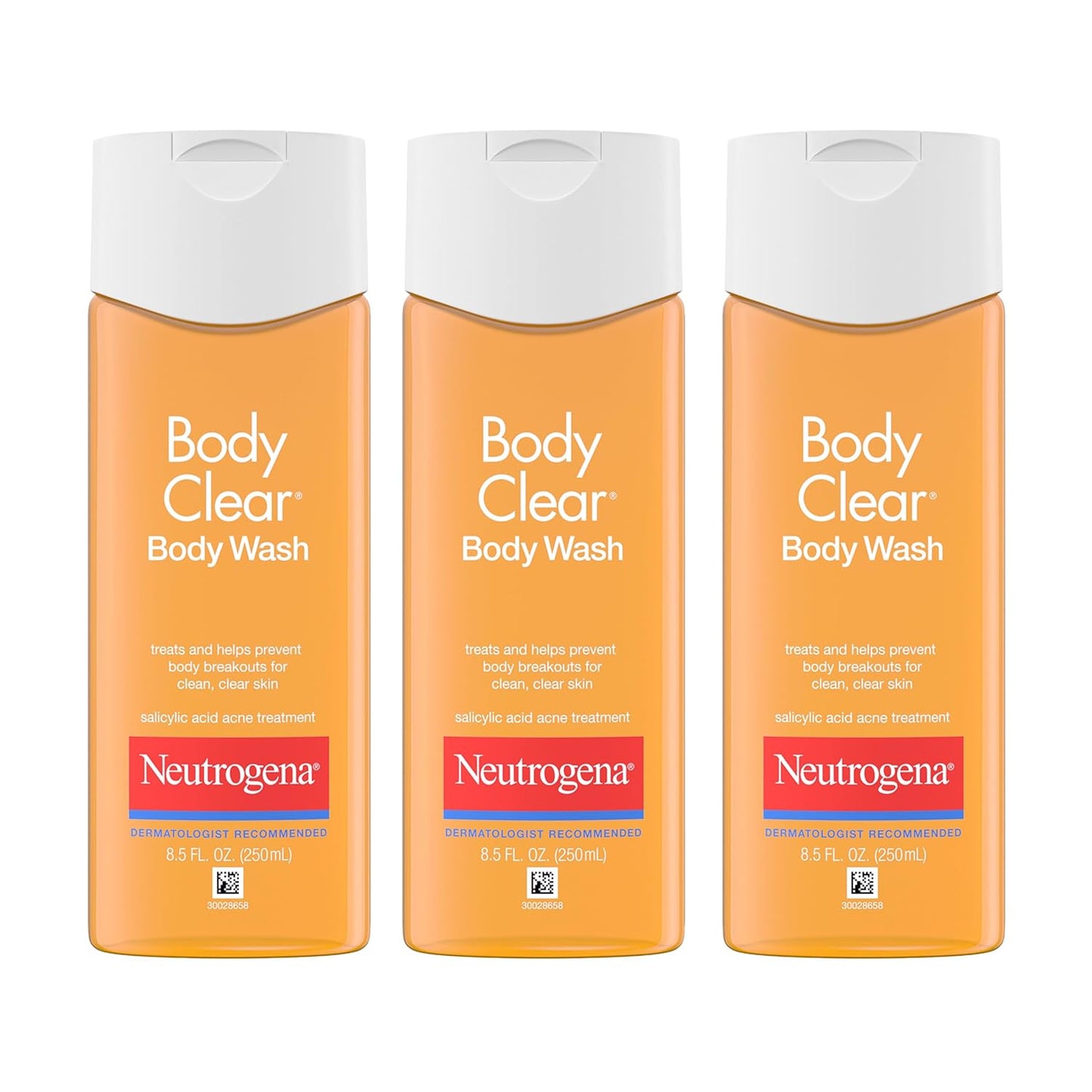 Neutrogena Body Clear Acne Body Wash, 2% Salicylic Acid Acne Medication, Oil-Free & Glycerin for Breakouts on Back, Chest & Shoulders, Non-Comedogenic, Gentle on Skin, Unscented, 8.5 Fl Oz, 3 Pack