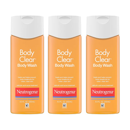 Neutrogena Body Clear Acne Body Wash, 2% Salicylic Acid Acne Medication, Oil-Free & Glycerin for Breakouts on Back, Chest & Shoulders, Non-Comedogenic, Gentle on Skin, Unscented, 8.5 Fl Oz, 3 Pack