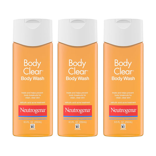 Neutrogena Body Clear Acne Body Wash, 2% Salicylic Acid Acne Medication, Oil-Free & Glycerin for Breakouts on Back, Chest & Shoulders, Non-Comedogenic, Gentle on Skin, Unscented, 8.5 Fl Oz, 3 Pack