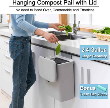 Tiyafuro 2.4 Gallon Hanging Kitchen Compost Bin with Lid for Counter or Under Sink, Odor-Free Indoor Compost Bucket
