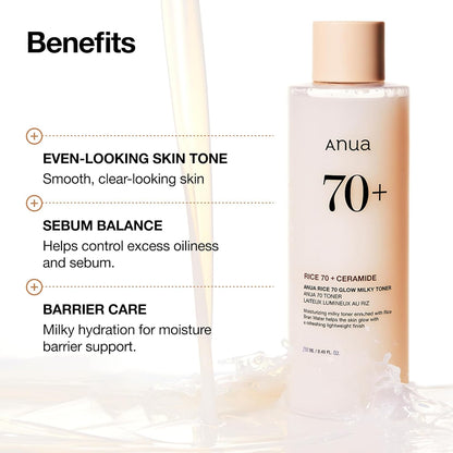 Anua Rice 70 Glow Milky Toner, Glass & Dewy Skin, Hydrating & Barrier Care, Rice Water, Niacinamide, Ceramides, All Skin Types, Fragrance-Free, Non Comedogenic, Korean Skincare, 8.45 fl.oz.