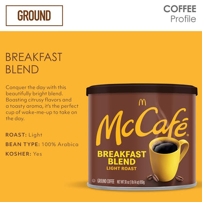 McCafe Breakfast Blend 30 oz Canister Light Roast Ground Coffee Specialty Fat-Free Arabica