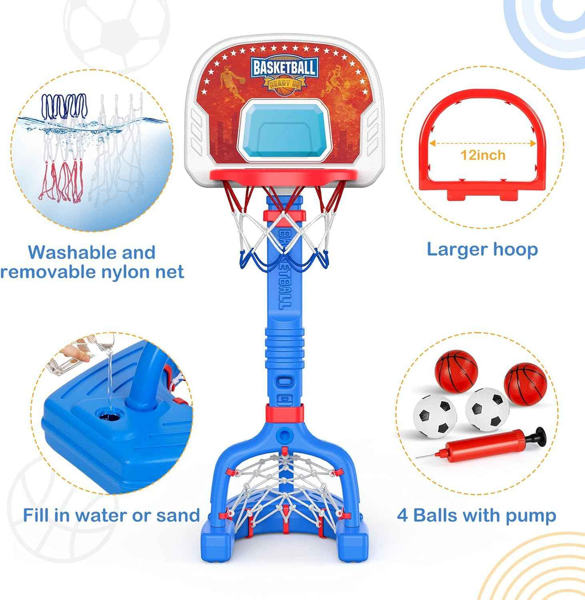 FLMAQE Toddler Basketball Hoop,Swimming Pool Basketball Hoop, Adjustable Mini Kids Basketball & Soccer Goal with4Balls & Ball Pumps for Indoor, Outdoor, Pool, Sports, Birthday Gifts for Children