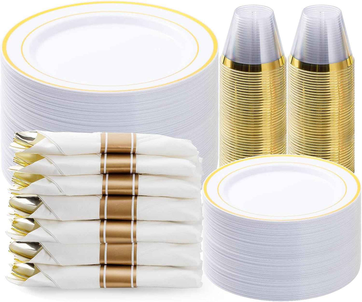 BESTVIP 700PCS Gold Plastic Dinnerware Set for 100 Guests, Disposable Plates for Party, Include: 200 Plastic Plates, 100 Pre Rolled Napkins with Gold Silverware, 100 Cups for Christmas, Halloween