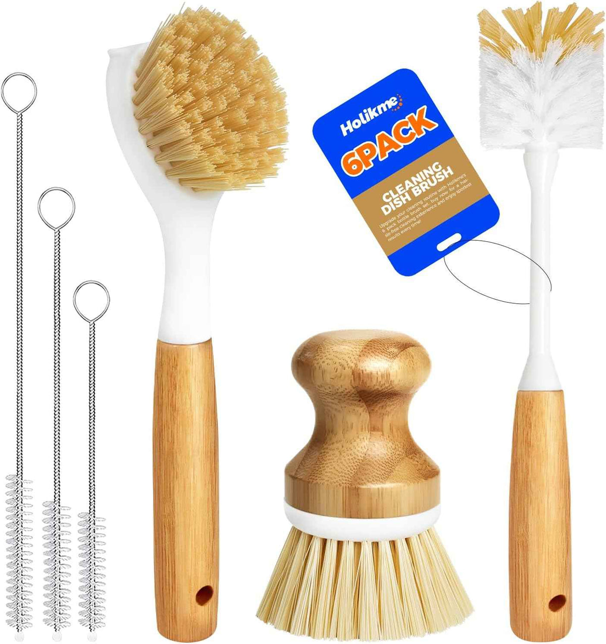 6 Pack Dish Brush Set with Vegetable Palm Brush, Bottle Brush, Dish Brush, and Straw Brush for Cleaning Potato Skillet Wok Pot Pan Cast Iron, Yellow