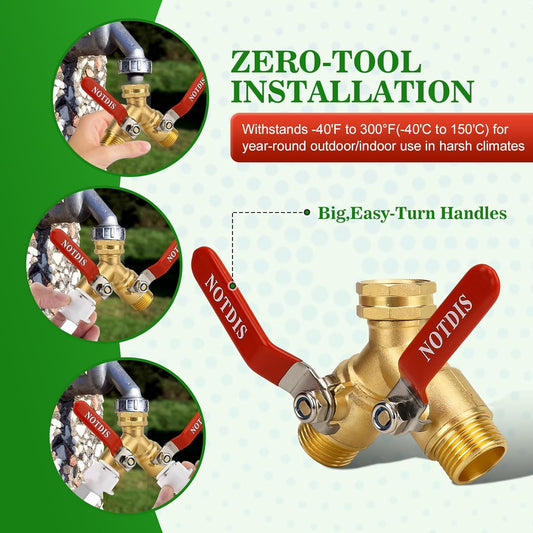 Hose Splitter 2 Way Heavy Duty Brass Garden Hose Splitter with 304 Stainless Steel Long Handle Outdoor Full Flow Hose Splitter Connector,Y Valve 3/4 Inch GHT Thread