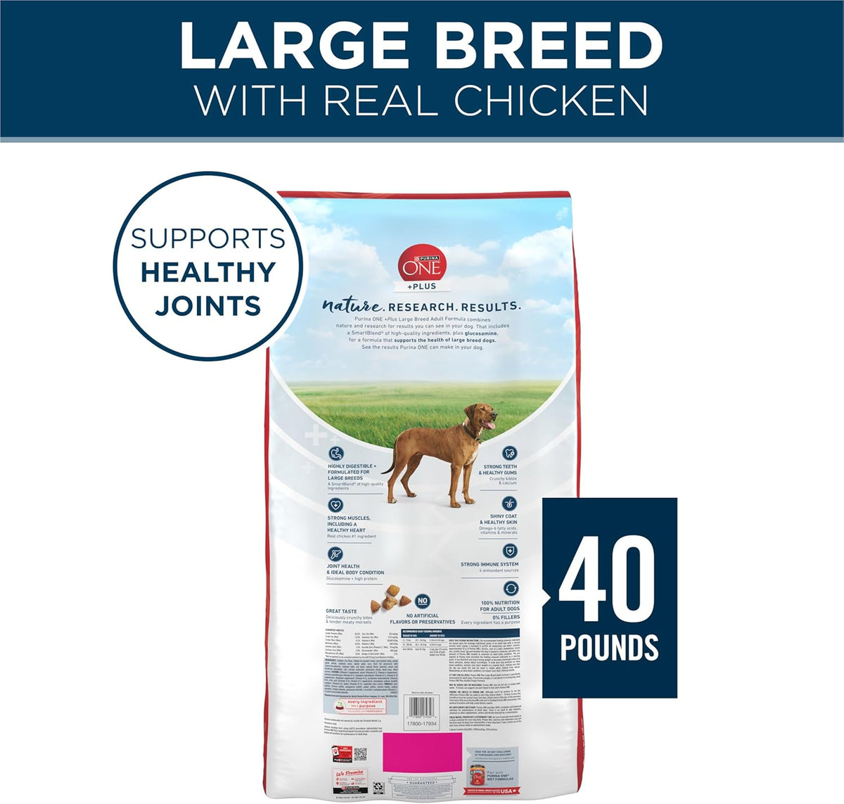 Purina ONE Plus Large Breed Adult Dog Food Dry Formula, 40 lb. Bag - Natural Chicken Flavor, 100% Real Protein