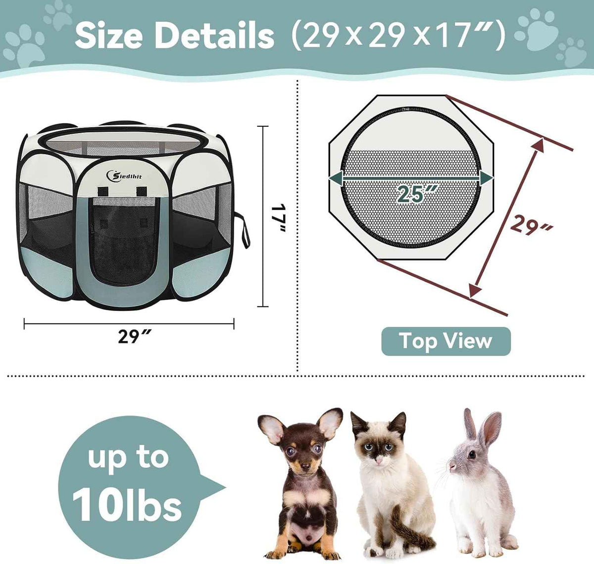 Grey dog cat playpen for small dogs, puppies, cats, rabbits - portable pop up kennel with carrying case