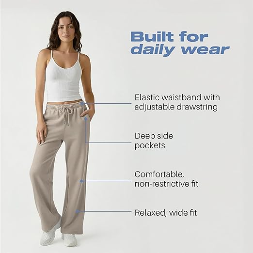 Common Stitch 3 Pack Wide Leg Fleece Lounge Sweatpants for Women Deep Pockets, Relaxed Fit, Elastic Drawstring Waist