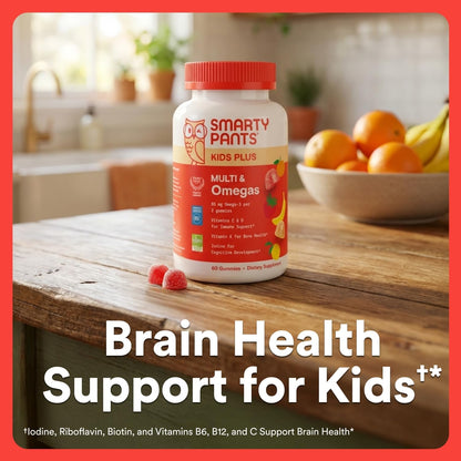 SmartyPants Kids Multivitamin Gummies with Omega 3 DHA/EPA, Vitamins D3, C, B12, B6, A, K, and Zinc, Gluten Free, Clean Label, Three Fruit Flavors, 60 Gummies (30 Day Supply)