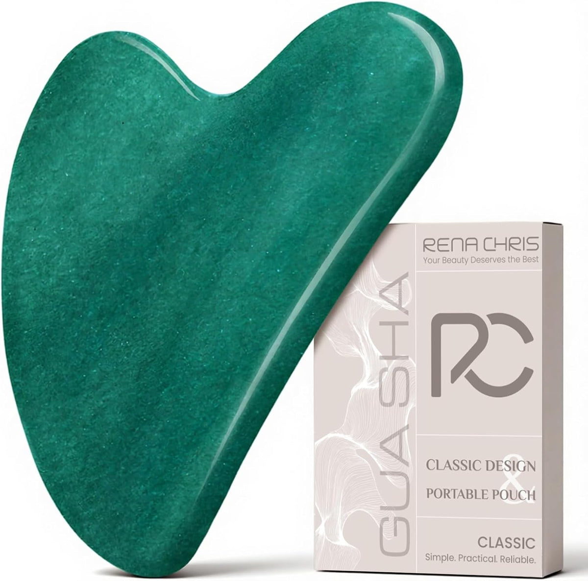 Rena Chris Gua Sha Facial Tools: Jade Stone Guasha Tool for Face Acupuncture Therapy, Facial Massager for Jawline Sculpting and Puffiness Reducing (Green)