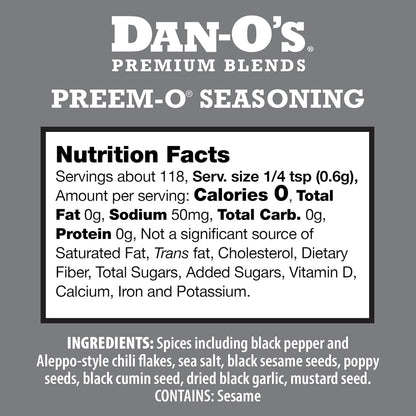 Dan-O's Preem-O Seasoning 2.5 oz, Meat Seasoning for Steak, Ribs, Chicken, Brisket, Sugar Free, Zero Calorie
