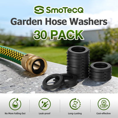 SmoTecQ 30 Pack Garden Hose Washers with Self-Locking Tabs - Heavy Duty Rubber Seals for 3/4" Hose Fittings, Stay-in-Place Design Prevents Falling Out & Leaks, Black