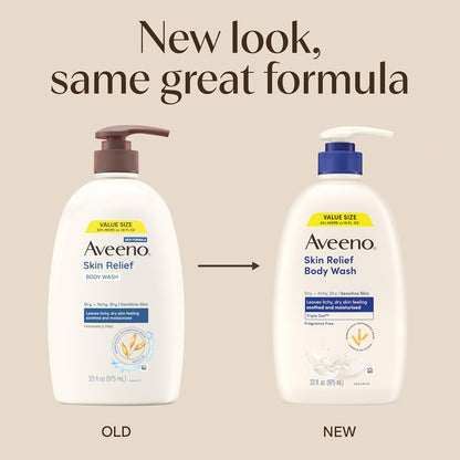Aveeno Skin Relief Fragrance-Free Body Wash with Triple Oat® Complex, Gentle Daily Cleanser for Sensitive Skin Leaves Itchy, Dry Skin Feeling Soothed & Moisturized, 33 fl. oz