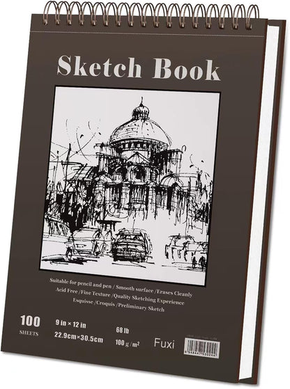 Fuxi 9" x 12" Sketch Book, Top Spiral Bound Sketch Pad, 100 Sheets 68lb/100gsm Acid-Free Drawing Paper, Art Sketchbook for Drawing Pad for Kids Artists & Beginners Professional Art Supplies for Adults