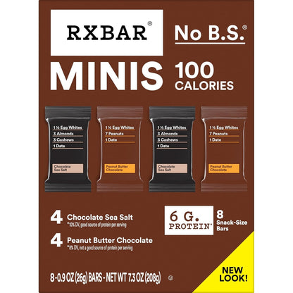 rxbar mini protein bars, 7.3oz box, 8 count, variety pack, peanut butter chocolate and chocolate sea salt