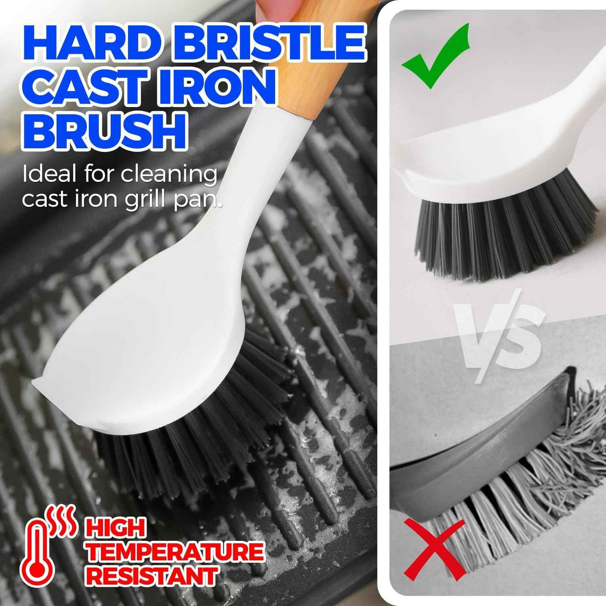 Holikme 3 Pack Dish Brush Set with Bamboo Handle, Kitchen Brushes for Cleaning Pot, Sink and Stove