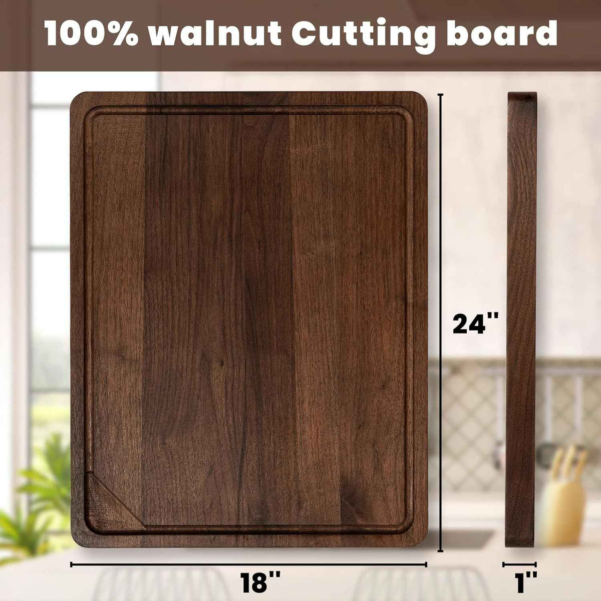 Heimlove walnut wood cutting board, natural, reversible, 24x18 inches, deep juice grooves, handles