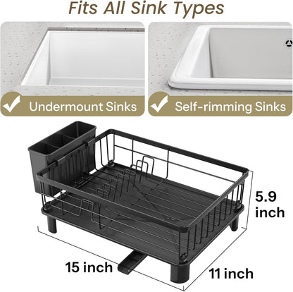 SNTD Dish Drying Rack - Space-Saving Dish Rack for Kitchen Counter, Stainless Steel Dish Drainer with Utensil Holder and Drainboard, 11" W x 15" L (Black)