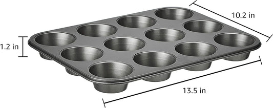 Amazon Basics Nonstick Muffin Pan, Set of 2, Sturdy, Oven Safe, Bakes Evenly, Easy to Clean, 12 Cups, Gray, 13.9x10.55x1.22"