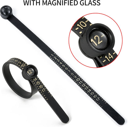 Bflaae Ring Sizer Measuring Tool Kit, 27 PCS Stainless Steel Measuring Ring Tool, US Ring Size 0-13 with Half Size, 2 PCS Reusable Finger Size Tape with Magnified Glass 1-17 USA Rings Size