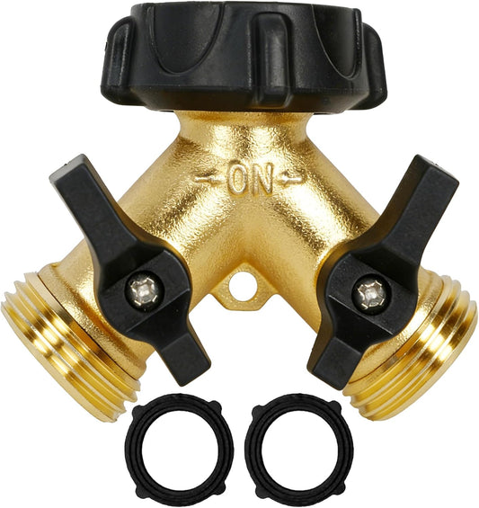 Hourleey Brass Garden Hose Splitter 2 Way, 3/4 Inch Hose Connector Tap Splitter, Hose Y Splitter, Hose Spigot Adapter 2 Valves with Extra Rubber Washers