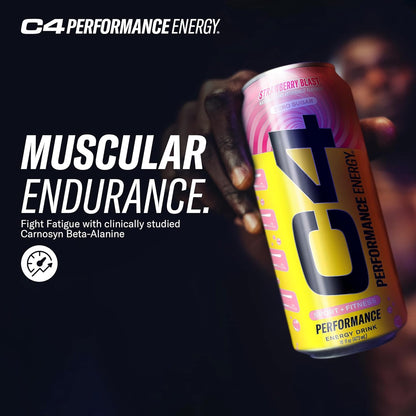 C4 Performance Energy Drink | Strawberry Blast | Zero Sugar Carbonated Preworkout Energy | 200mg Caffeine with Beta Alanine | 16 Fl Oz (12 Pack)